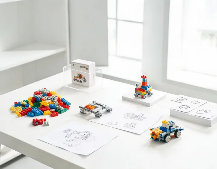 Lego design table with prototypes and play notes