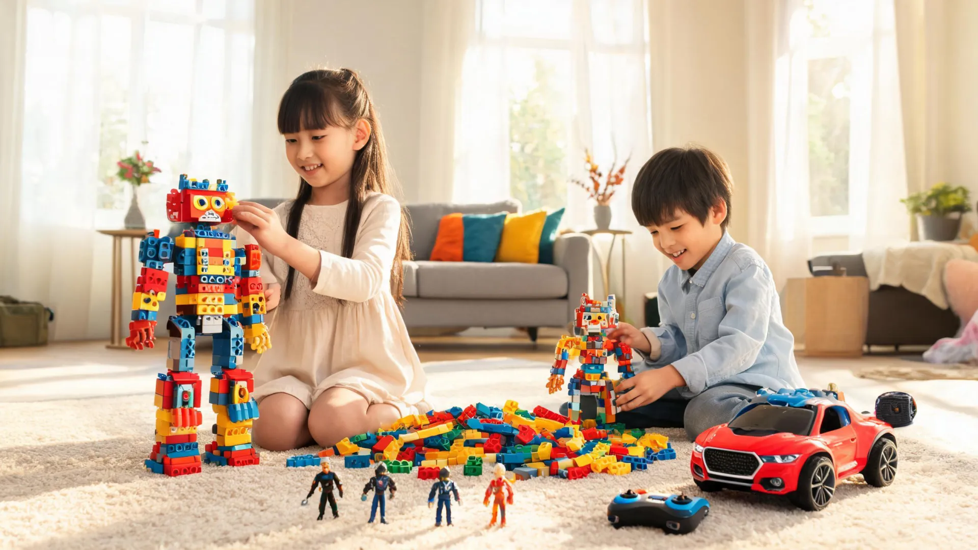 Kids building bright modular toys together